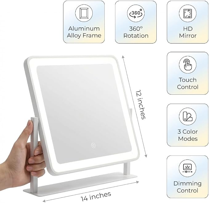 12" x 14" Vanity Mirror with Light, Lighted Makeup Mirror | 3 Color Lighting and Stepless Dimming, Plug-in Required, Memory, Easy Installion, Smart Touch, White