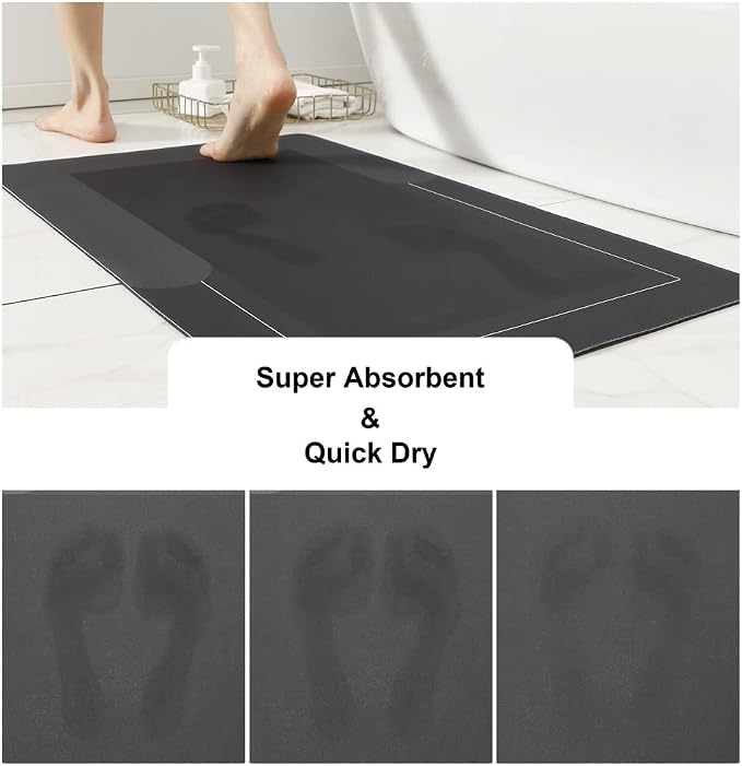 HelloTree 3PCS Bath Mat Rug Rubber Non Slip Quick Dry Rug Sets | Super Absorbent Thin Bathroom Rugs Fit Under Door Dark Grey Washable Floor Mats for in Front of Bathtub, Shower Room, Sink