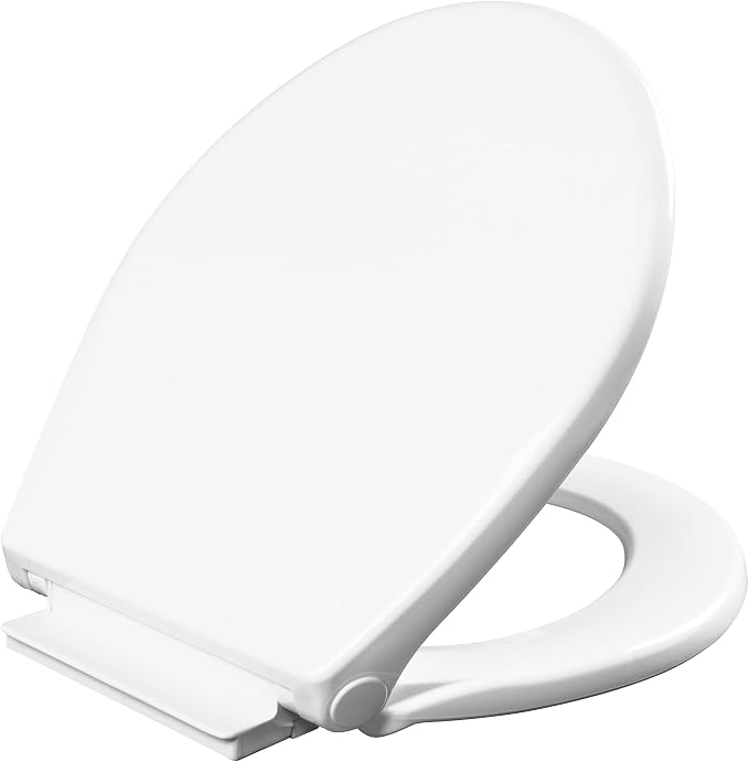Mayfair Preston Easy to Clean Single Hinge Toilet Seat, Modern Slow Close Plastic Toilet Seat, Made in USA, Round, White