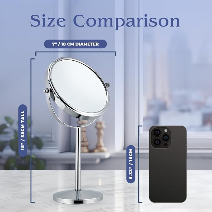 Double Sided 10X/1X Magnifying Mirror, 7" x 14" (Chrome) | Makeup Mirror on Round Stand for Table, Bedroom Vanity Desk & Bathroom Counter - Free Standing Vanity Mirror for Beauty Care