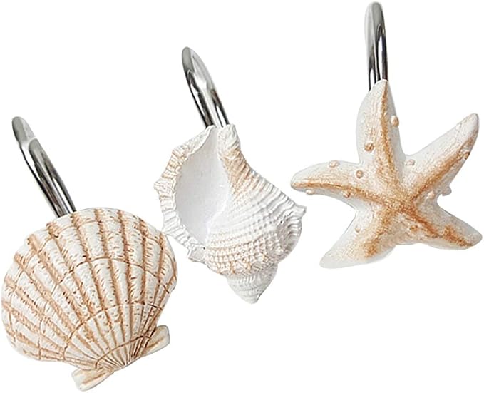 Seashell Shower Curtain Hooks for Bathroom Decorative, 12pcs Anti Rust Decorative Resin Shower Curtain Rings Rods Hooks