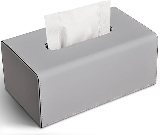 Tissue Box Cover, PU Leather Rectangular Tissue Box Holder with Magnetic Bottom Cover for Facial Tissues/Napkins, Office & Living Room Decor Box for Standard 120-count (3-Ply) 160-count (2-Ply) Gray