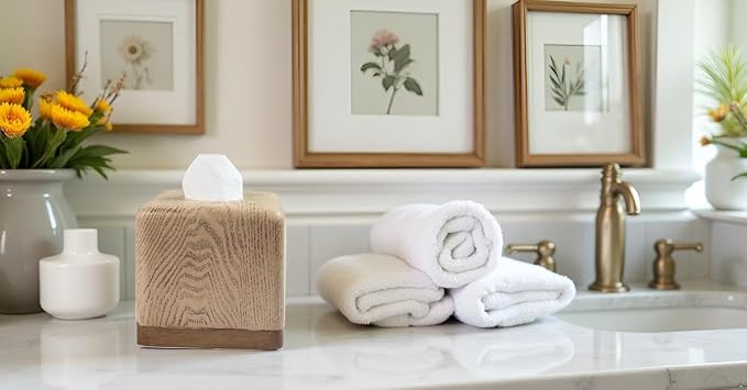 Hymmah Wooden Texture Square Tissue Box Cover Cube Tissue Holder Unique Design Klenex Box Dispenser for Bathroom Vanity Counter Tops Also Great for Bedrooms and Living Rooms
