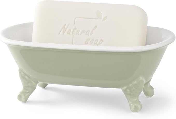 6.5" Ceramic Mini Clawfoot Bathtub Soap Dish, Seige Green | Decorative, Kitchen Sponge Holder, Shower Tray, 1 Pack