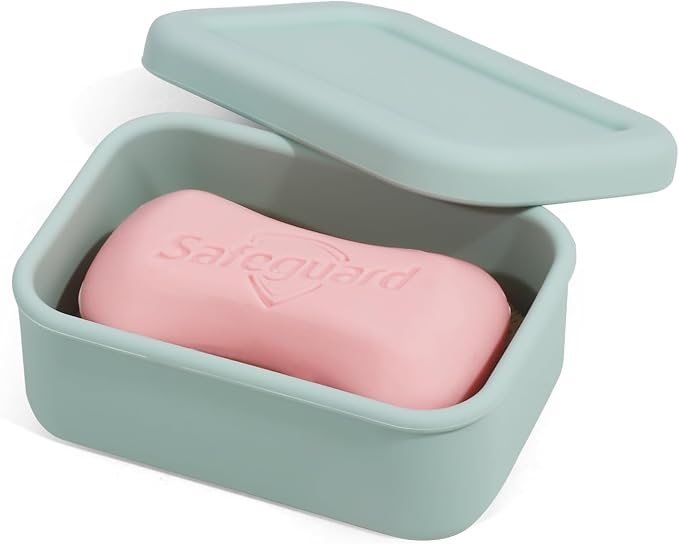 HighHerz Leak Proof Silicone Travel Soap Case with Draining Tray - Bar Soap Holder for Travel, Gym & Camping - Mess-Free Portable Soap Container for Carry-on Bags (Mint Green)