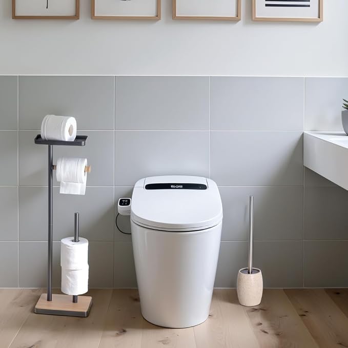 Clasin Home Toilet Paper Holder Stand, Free Standing Toilet Paper Holder with Storage and Top Shelf, Black Toilet Paper Stand Weighted Base with Bamboo Design for Bathroom