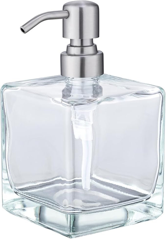 Square Bathroom Soap Dispenser Brushed Nickel, Large Capacity 16.9 oz Glass Bottles with Stainless Steel Pump Retangle Cube Liquid Soap Dispenser Kitchen