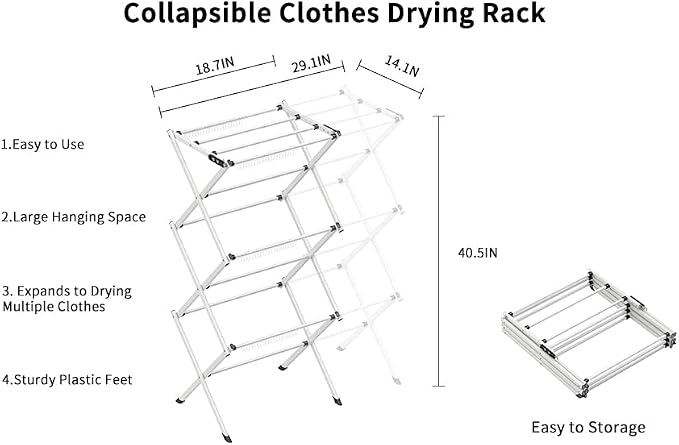 3 Tier Clothes Drying Rack, Foldable Drying Rack Clothing,Indoor & Outdoor Laundry Rack for Drying Clothes,Space-Saving Design, Metal Collapsible Dryer Racks for Laundry, White