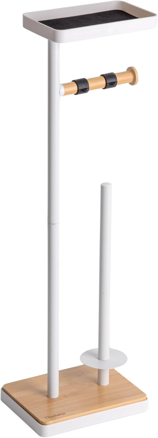 Clasin Home Toilet Paper Holder Stand, Free Standing Toilet Paper Holder with Storage and Top Shelf, White Toilet Paper Stand Weighted Base with Bamboo Design for Bathroom