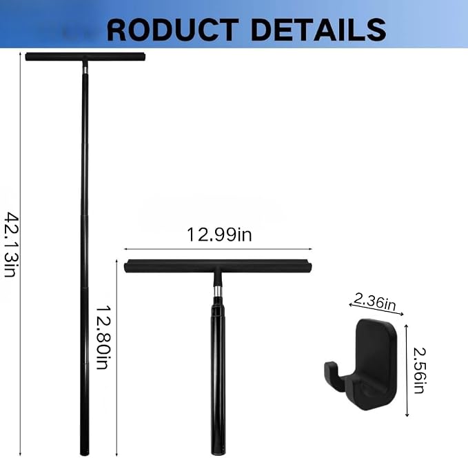 Black Telescopic Shower Squeegee for Glass Doors, Tile Shower Walls. Comes with Suction Hook, Great for Shower Glass