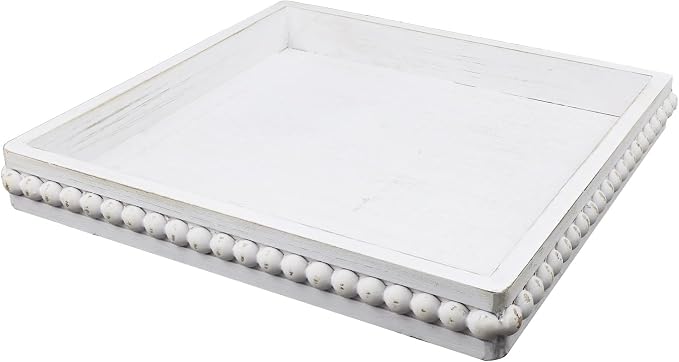 Hrastany Square Wood Decorative Serving Tray, Rustic Coffee Table Tray for Ottoman,Kitchen Counter Organizer, Bedroom, Home Decor(Whitewashed)