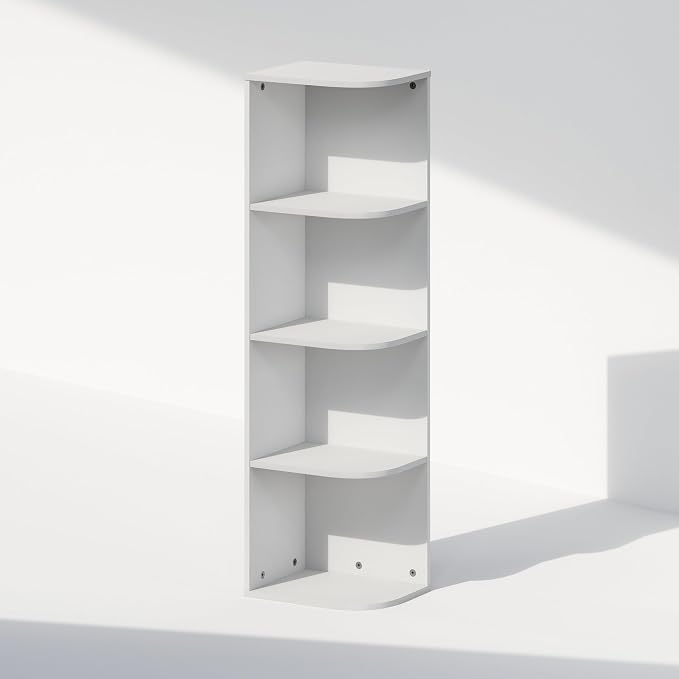 Furinno Reed Corner Shelf, 4-Tier Corner Bookshelf, Book Shelf, Corner Shelves, Storage Rack, for Organization and Storage, Home Office, Living Room, White