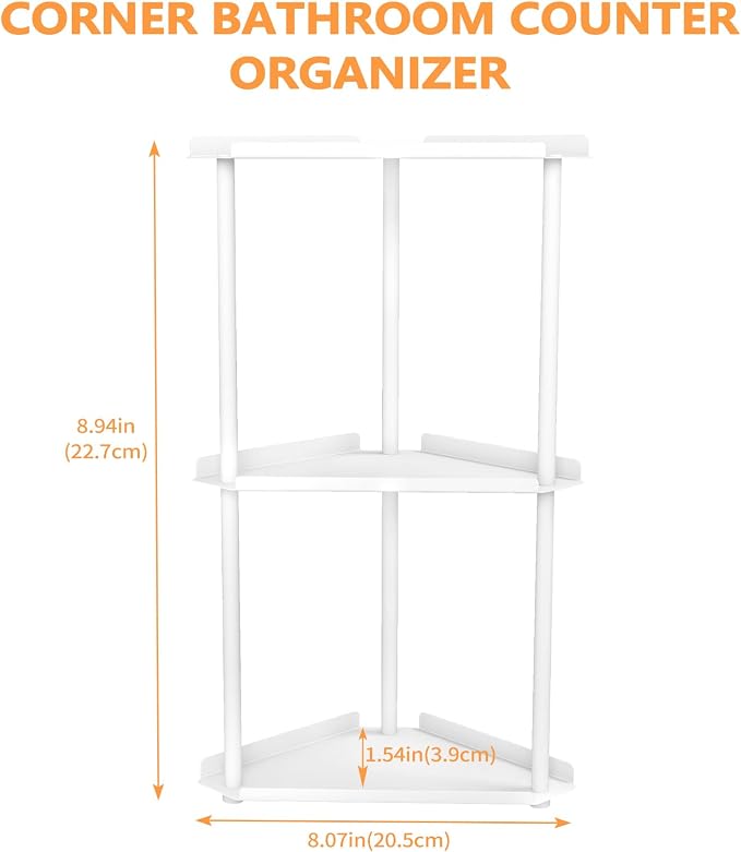 FLE Corner Bathroom Counter Organizer, Bathroom Organizer Countertop White | 3 Tier Corner Shelf, Tabletop Mount,Waterproof solid shelf fits bathroom toiletries and kitchen condiment storage.