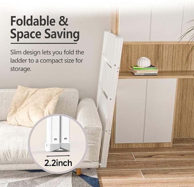 3 Step Ladder, Folding Step Stool, Lightweight Stepladder, White | Anti-Slip 7.9'' Wide Pedal;Space-Saving;For Kitchen, Home, Library, Office Use;300lbs Capacity