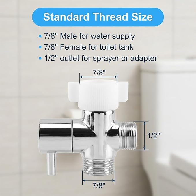 Bidet T Adapter with Shut off Valve, Metal 3 Way T Valve 7/8" x 7/8" x 1/2" or 3/8" Adapter Included, Chrome Finish Tee Connector Bidet Attachment, Leak-Free, Includes Tape