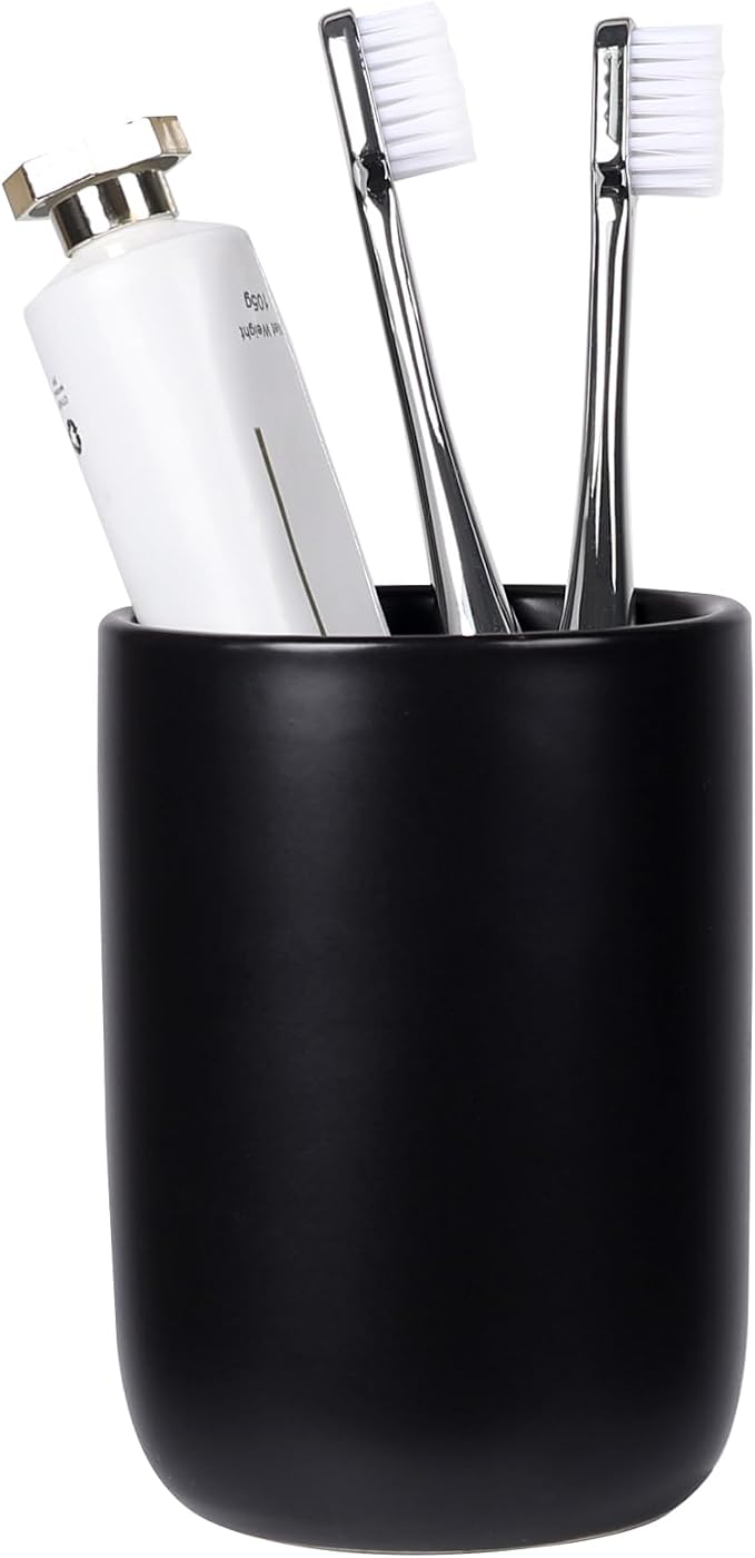 BosilunLife Ceramic Toothbrush Holder - 12oz Bathroom Toothbrush Holder Black Tooth Brush Holders Tumbler Cups Reusable Toothbrush Mouthwash Cup Small Toothbrush and Toothpaste Holder