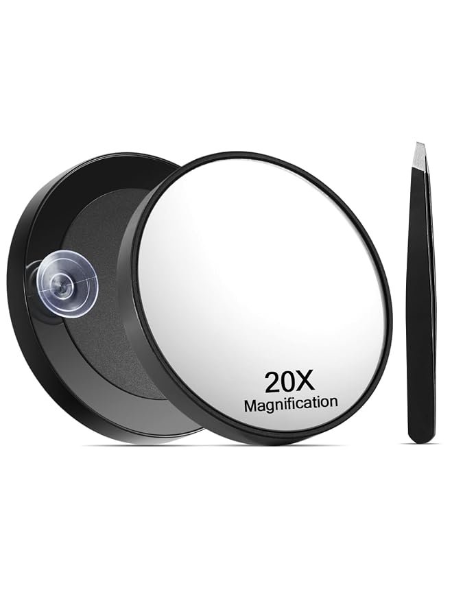 Macaki 20x Magnifying Mirror, with Suction Cups for Makeup, 3.5 in, Black | Small Travel Mirror with Magnification, Strong Suction Cups, Compact & Portable, Stainless Steel Tweezers, for Makeup