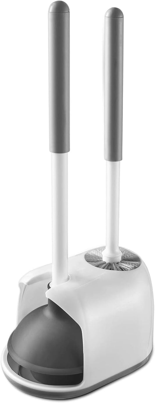 Eyliden Toilet Plunger and Brush Set, 2-in-1 Compact Holder, White | Unclogs Toilets, Deep Cleans Bowls, Nylon Bristles, Rubber Cup, Durable Plastic Caddy, Space-Saver, Bathroom Cleaning Tools