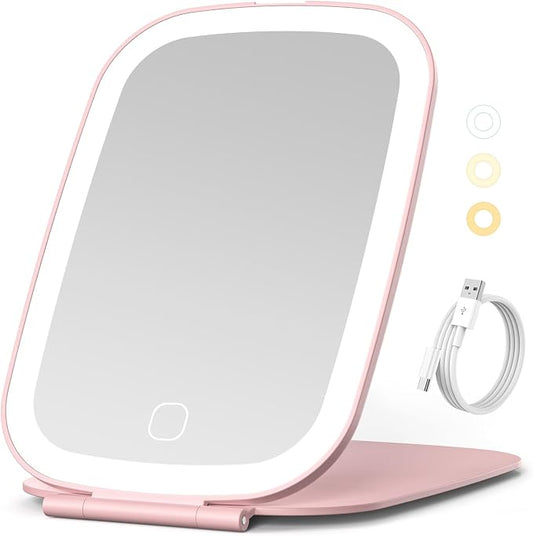 NEZZOE Rechargeable Travel Makeup Mirror with LED Light, 7x5 Inch, Pink