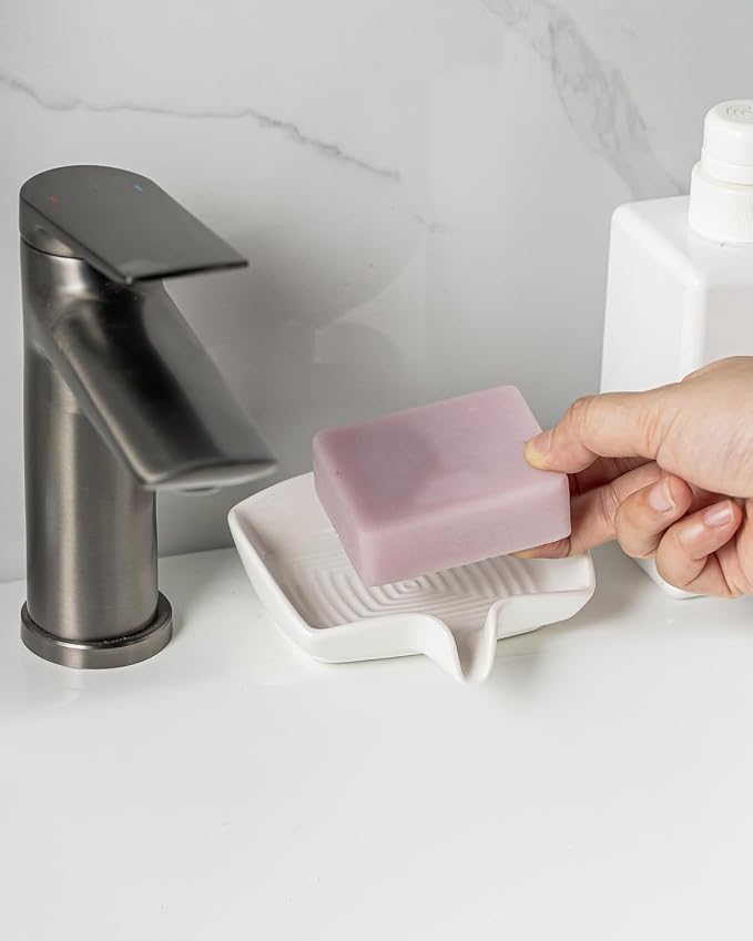 Zoeeker Soap Dish with Waterfall Design, Ceramic Soap Holder for Countertop | Self Draining Bar Soap Saver for Sink Bathroom Shower Kitchen, Sponge Holder with Drainage, Farmhouse Kitchen Decor, White