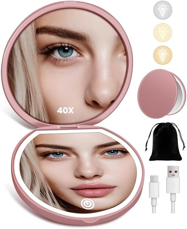 Compact Mirror with Light, Rechargeable 40X Magnifying Mirror with 3 Lighting Modes & Dimmable Brightness, Portable Travel Makeup Mirror; Essentials for Travel, Pocket, Purse Gifts Rose