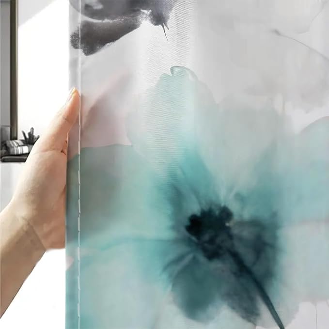 Sanzugh Boho Floral Shower Curtain, Cream Tan Beige Teal Grey White Flower Farmhouse Fabric Shower Curtains Set for Bathroom Decorative with Hooks 72 X 72 inch Spring Bath Decor