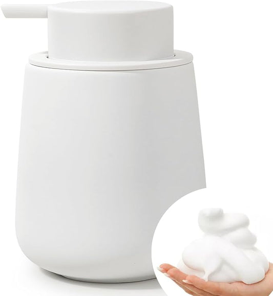 Bosilunlife 12Oz Ceramic Foam Soap Dispenser for Bathroom Kitchen Counter | Premium countertop foam pump creates delicate dense foam, stable desktop placement, Rubber Paint White
