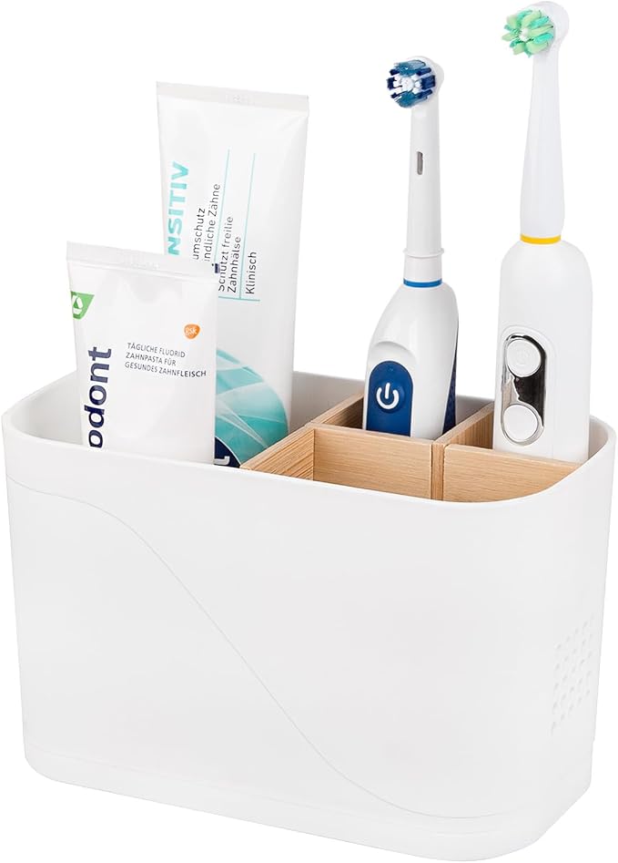 Toothbrush and Toothpaste Holder, 4 Slots, White | Bamboo Dividers, Kids Electric Tooth Brush Organizer for Bathroom Countertop Accessories Storage