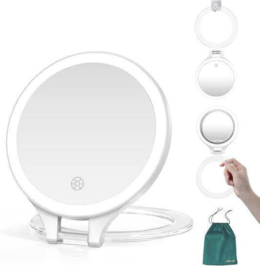 Mocado 1X/20X Magnifying Mirror with Light, Travel Makeup Mirror with Light | Double Sides Travel Mirror with 3 Color Light, Dimmable Touch, 1500mAh Rechargeable, Brightness Adjustable(White)