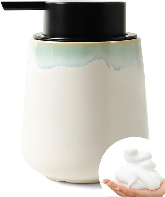 Bosilunlife 12Oz Ceramic Foam Soap Dispenser for Bathroom Kitchen Counter | Premium countertop foam pump creates delicate dense foam, stable desktop placement, Blue-Green Rim