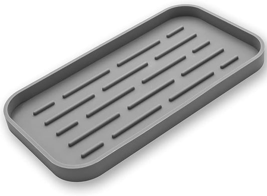 MicoYang Silicone Kitchen Sink Organizer Tray for Multiple Usage,Eco-Friendly Sponges Holder for Kitchen Bathroom Counter or Sink,Dish Soap Dispenser,Scrubber,Bottle,Cup (Grey, 10"×5.3")