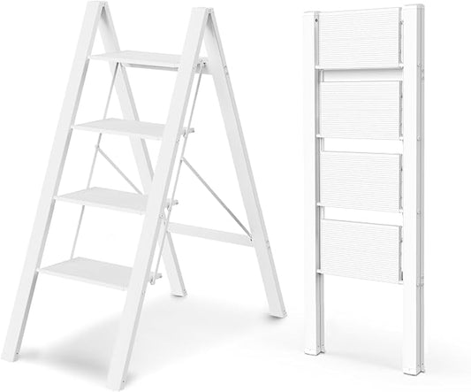 4 Step Foldable Step Stool, 300lbs Load, White | Folded 43''H x 2''T; Net 9.9 lbs; Non-Slip Feet: Wood/Tile/Carpet; Rigid Aluminum Steps; No Assembly; Ready From Box.