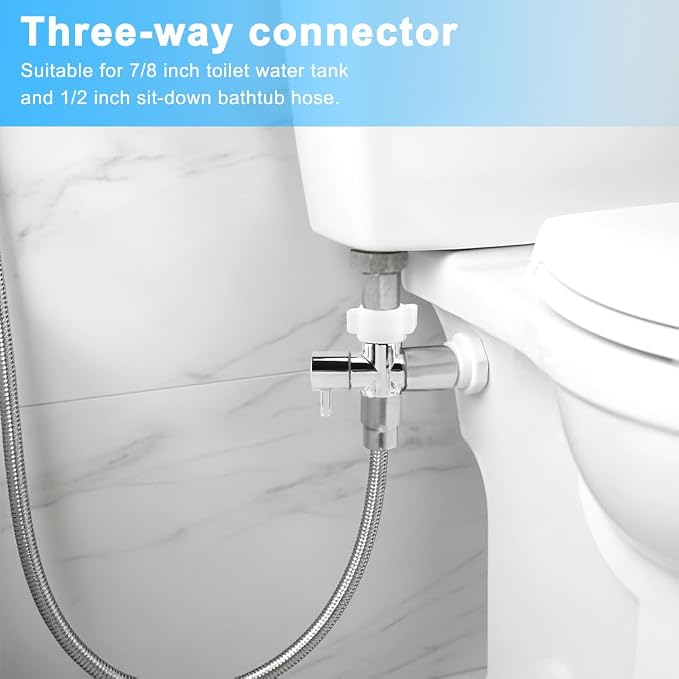 Bidet T Adapter with Shut off Valve, Metal 3 Way T Valve 7/8" x 7/8" x 1/2" or 3/8" Adapter Included, Chrome Finish Tee Connector Bidet Attachment, Leak-Free, Includes Tape