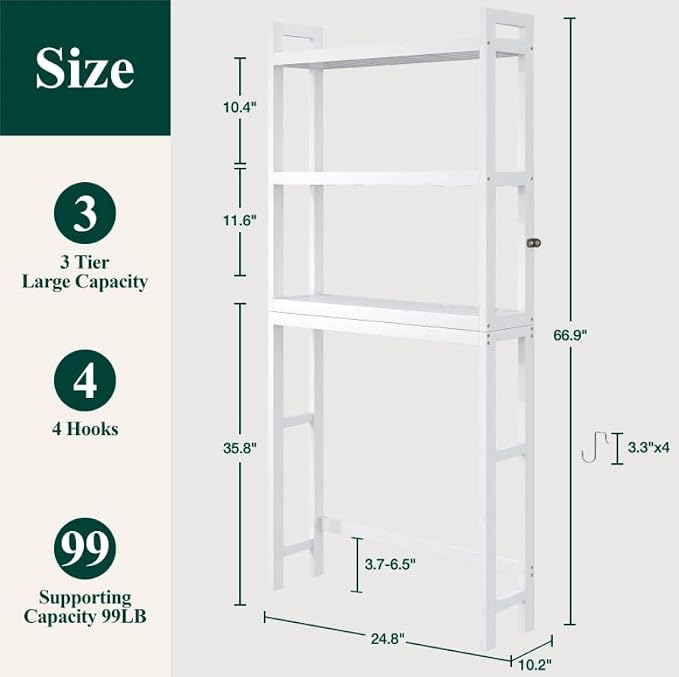 Smiry Bamboo Over The Toilet Storage Cabinet, 3 Tier, White | Wooden Bathroom Organizers with Adjustable Shelf & 4 Hooks, Space Saving Shelf Rack for Bathrooms, Laundry Room, Balcony