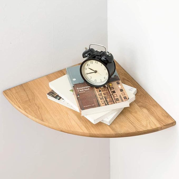 Corner Shelf,16inch Natural Oak Solid Wood Floating Corner Shelves Wall Mount Round End Floating Speaker Rack with Wire Hole for Small Plant for Bedroom Kitchen, Living Room