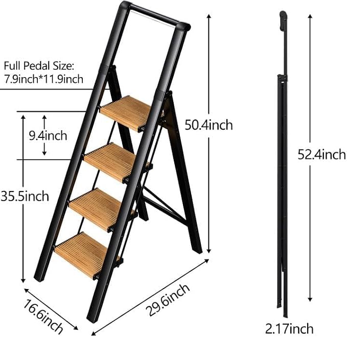 4 Step Ladder, Lightweight Folding Step Stool, Black+Woodgrain | Reach 8ft;Anti-Slip 7.9'' Wide Pedal;Portable Handrail;Space-Saving;For Kitchen, Home, Library, Office Use;300lbs Capacity
