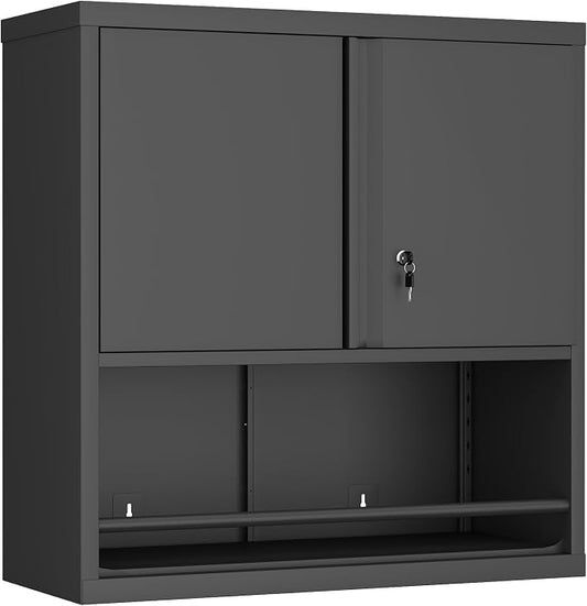 GREATMEET Locking Metal Garage Wall Cabinet with Doors and Shelf | 31" H Wall Mount Storage Cabinet, Steel Floating Hanging Utility Tool Cabinet for Garage System, Shop, Warehouse, Black