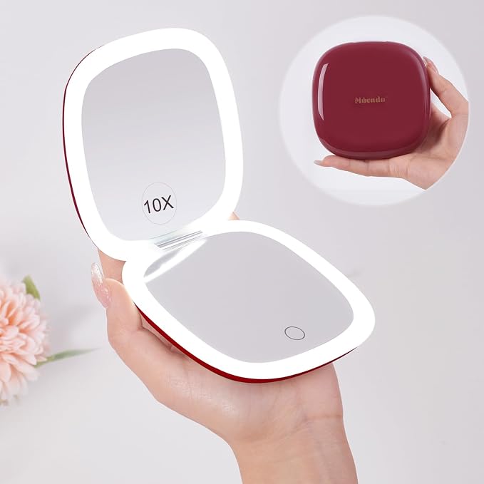 Mocado Compact Mirror with Light-4 Inches Compact 1x/10x Magnifying Mirror | Double Sides Lighted, 3 Colors Lighting, 0-100% Brightness, Diammable Touch, 1200mAh Rechargeable, For Pocket, Purse