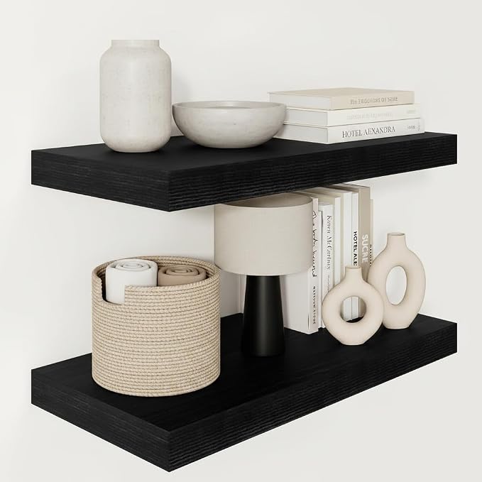 Vivelove 12" Deep Floating Shelves 24x12” Set of 2, Black | Easy Install With Hardware, 2" Thick, Invisible Brackets, Wall Mounted, No Sagging, For Any Room