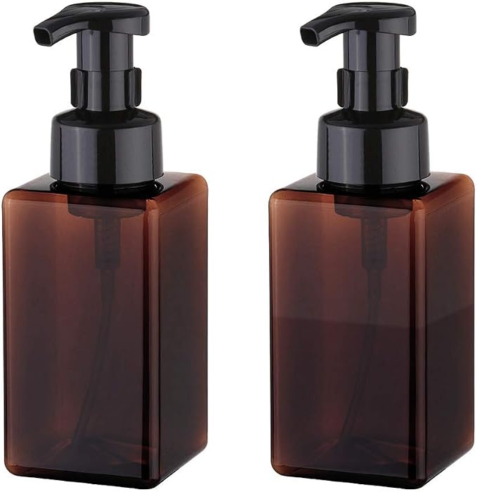 UUJOLY Foaming Soap Dispenser, 450ml (15oz) Refillable Pump Bottle Plastic for Liquid Soap, Shampoo, Body Wash (2 Pcs) (Amber) | Hand Dispenser for Liquid Soap, Shampoo & Body Wash – Saves Soap with Rich Foam, Reusable, Easy to Refill, BPA-Free