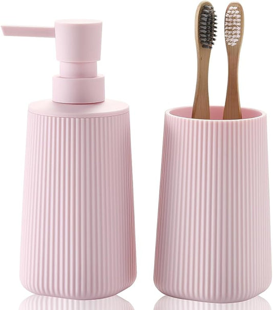YAUKPH Bathroom Soap Dispenser and Toothbrush Holder Striped Pink | Bathroom Accessories Set 2 Piece for Bathroom Countertop Storage and Decor