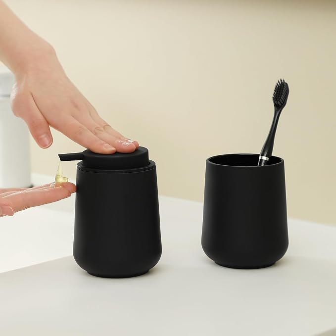 YAUKPH Bathroom Soap Dispenser and Toothbrush Holder Matte Black | Bathroom Accessories Set 2 Piece for Bathroom Countertop Storage and Decor