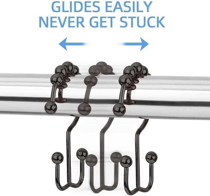 DAWNER Shower Curtain Hooks Rings, Rust Proof Hooks, Metal Easy Glide Double Shower Rings Hooks, Stainless Steel Shower Curtain Hangers for Bathroom Shower Curtains, Set of 12 Hooks, Brushed Bronze