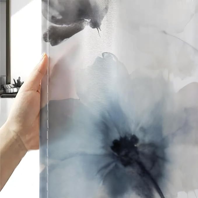Sanzugh Boho Floral Shower Curtain, Cream Tan Beige Blue Grey White Watercolor Flower Fabric Shower Curtains Set for Bathroom Decoration with Hooks 60 X 72 inch Cute Farmhouse Bath Decor