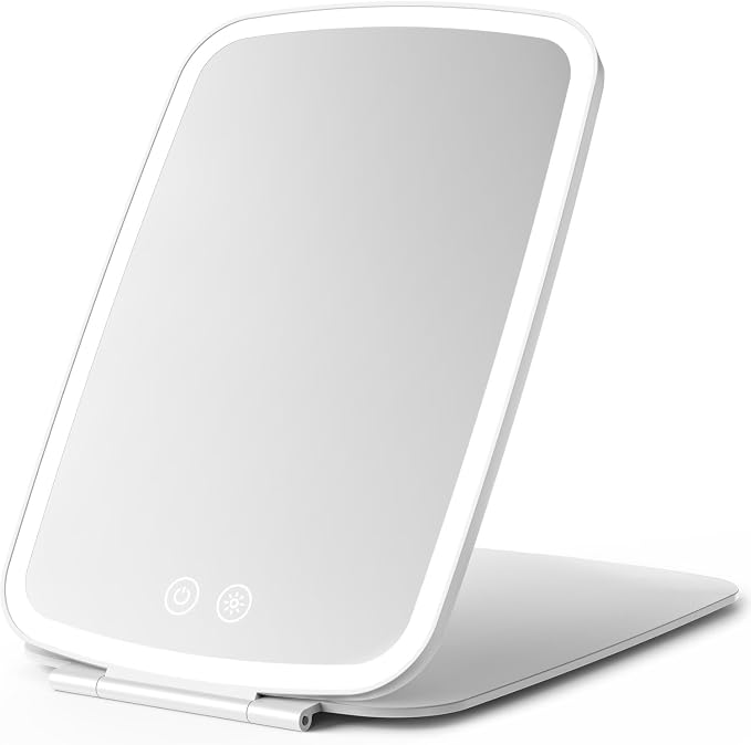 NEZZOE Portable Makeup Mirror, Large Travel Mirror with Light, 10”x7” White | Foldable Makeup Mirror, 2000mAh Rechargeable Battery, 3 LED Lighting Modes, Magnetic Closure