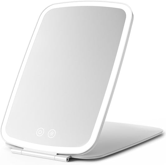 NEZZOE Portable Makeup Mirror, Large Travel Mirror with Light, 10”x7” White | Foldable Makeup Mirror, 2000mAh Rechargeable Battery, 3 LED Lighting Modes, Magnetic Closure