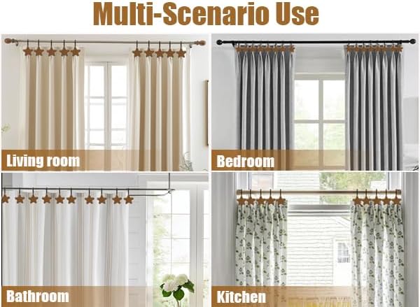Shower Curtain Hooks, Wood Decorative Shower Curtain Rings, Modern Round Log Shower Curtain Hangers, 12PCS Shower Hooks for Shower Curtain Rod, Bedroom, Living Room (Star-Black)