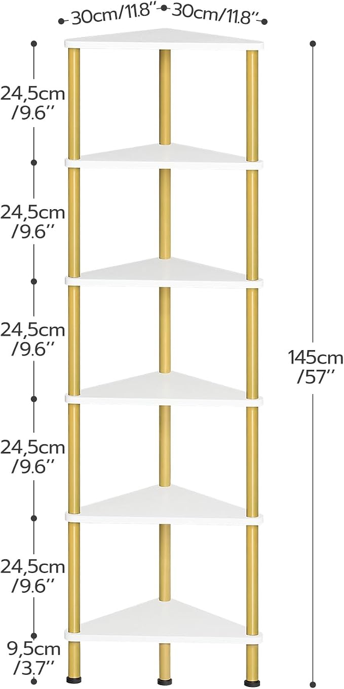 HOOBRO Corner Shelf Stand, Industrial 6-Tier Wall Corner Bookshelf with Metal Frame, Plant Display Shelf, Bookcase for Small Spaces, Living Room, White and Gold DW36CJ01