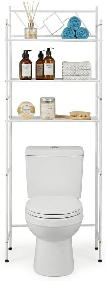 Home Zone Living Over-the-Toilet Bathroom Storage Cabinet Organizer | Freestanding Steel Frame Design with 3-Tier Shelves and Adjustable Feet, White