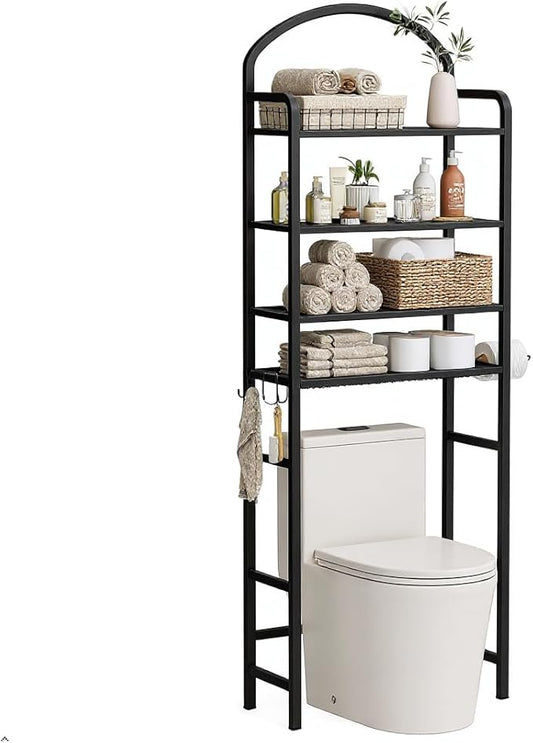 4-Tier Over The Toilet Storage, Bathroom Organizer | Space-Saving, 72"H Above Toilet Storage Rack with 4 Hooks and Paper Holder, Metal Shelf, Black